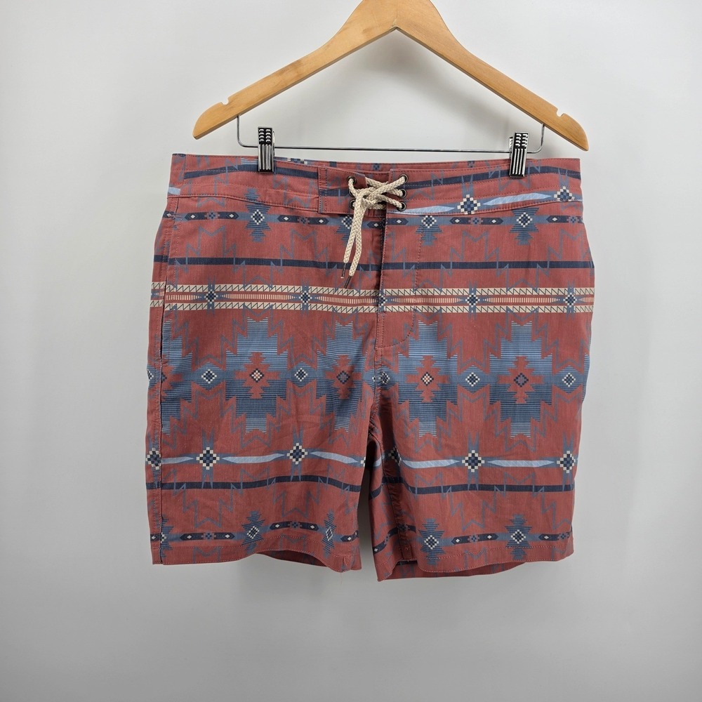 Faherty Brand Mens Southwestern Board Shorts Red Blue Aztec Size 35 Swim Trunks